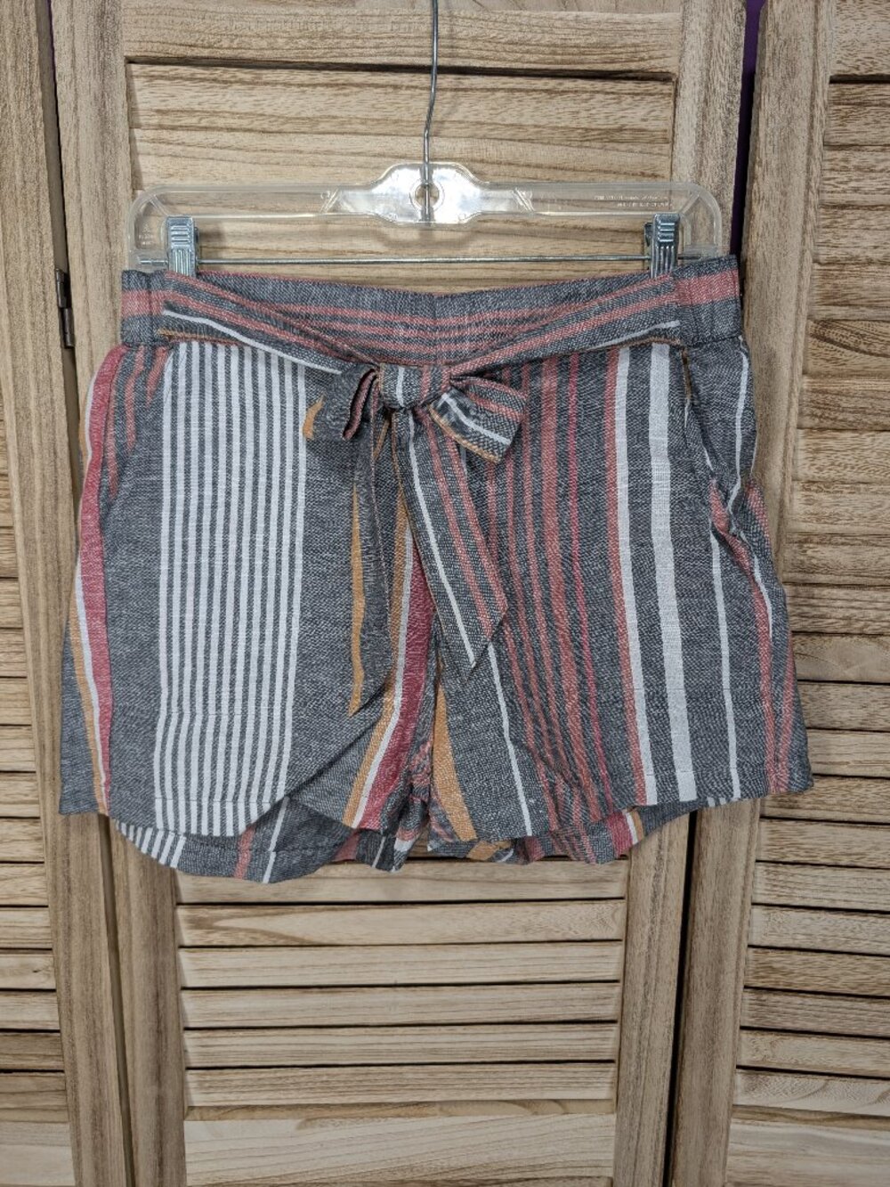 Liz Claiborne Striped Tie-Waist Cotton/Linen Casual Shorts Multicolor 4P